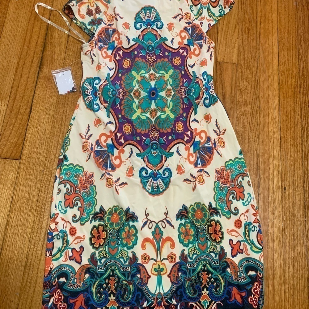 ECI FLARED EMBELLISHED BEADED PRINT DRESS w/ BELT - COLORFUL SIZE 4 - Picture 12 of 13